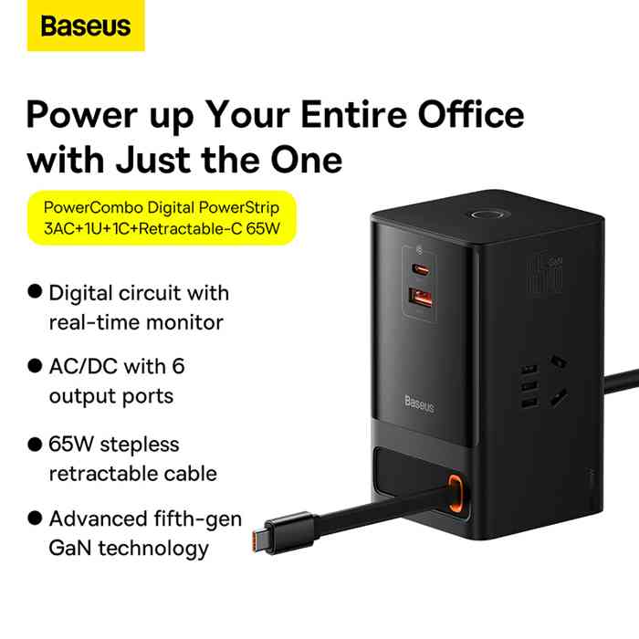Baseus Gan5 Pro 65w Power Combo Digital Power Strip  3AC 1U 1C Retractable-C